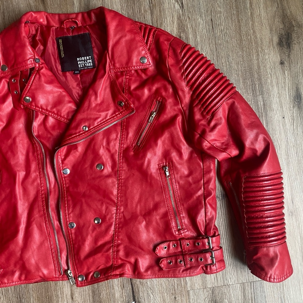 Robert Phillipe Red‎ Faux Leather Moto Biker Jacket Ribbed Quilted Detail 3XL